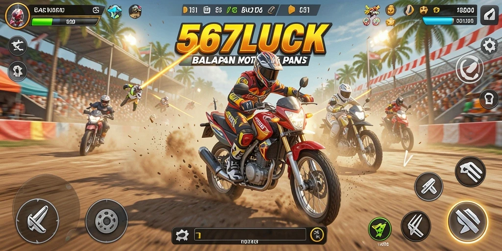 Screenshot gameplay 567LUCK menampilkan balapan motor yang mendebarkan.