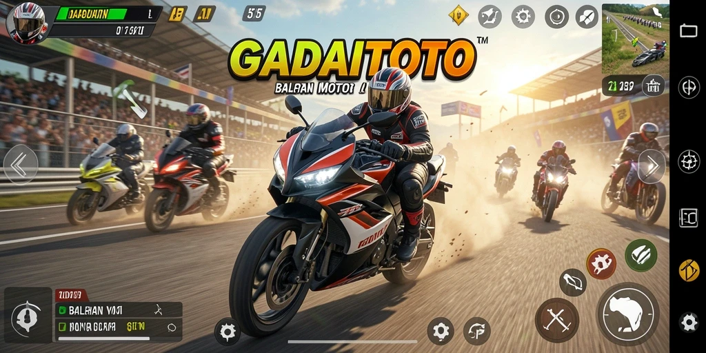 Tampilan gameplay seru dalam GADAITOTO saat melaju di trek balapan.