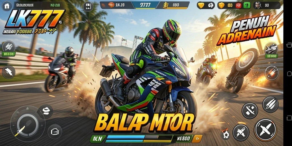 Screenshot LK777 menunjukkan aksi balap motor yang menegangkan.
