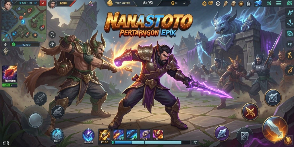 Tampilan utama gameplay NANASTOTO dengan pertempuran MOBA yang seru.