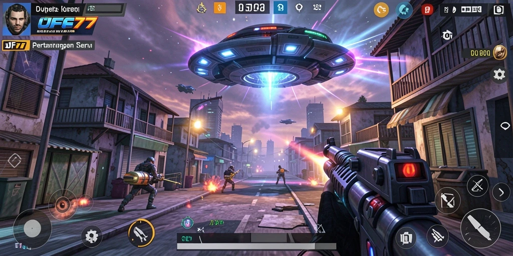 Tampilan gameplay seru di UFO77 dengan aksi pertempuran luar angkasa.