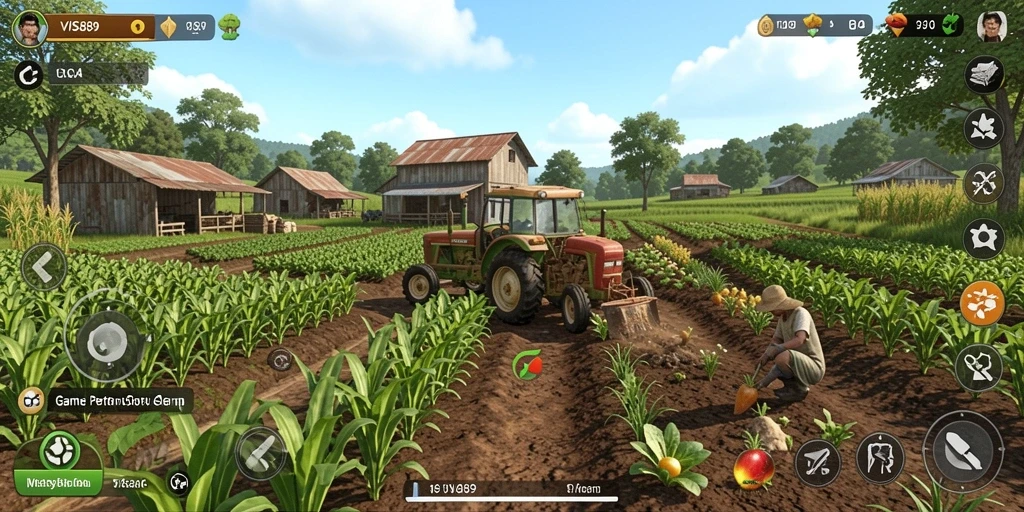 Tangkapan layar dari gameplay VISA89 yang menampilkan aktivitas bertani yang seru.